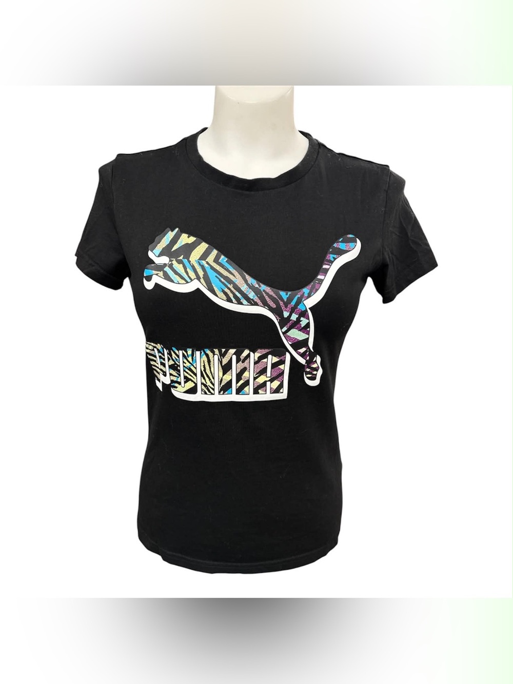 Puma Black Short Sleeve Tee with Multicolor Zebra Logo Size S